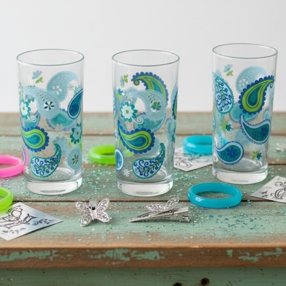 Royal Norfolk Blue Green Paisley Tumblers, Set of‎ 3, Vintage Floral Glasses